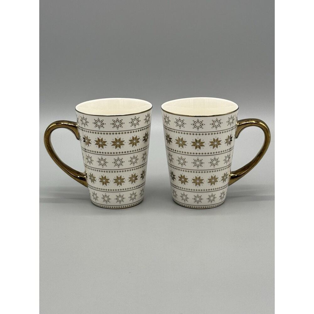 Set Of 2 Coffee Mugs W/ Gold Handles, Trim & Snowflakes Fancy Cups‎
